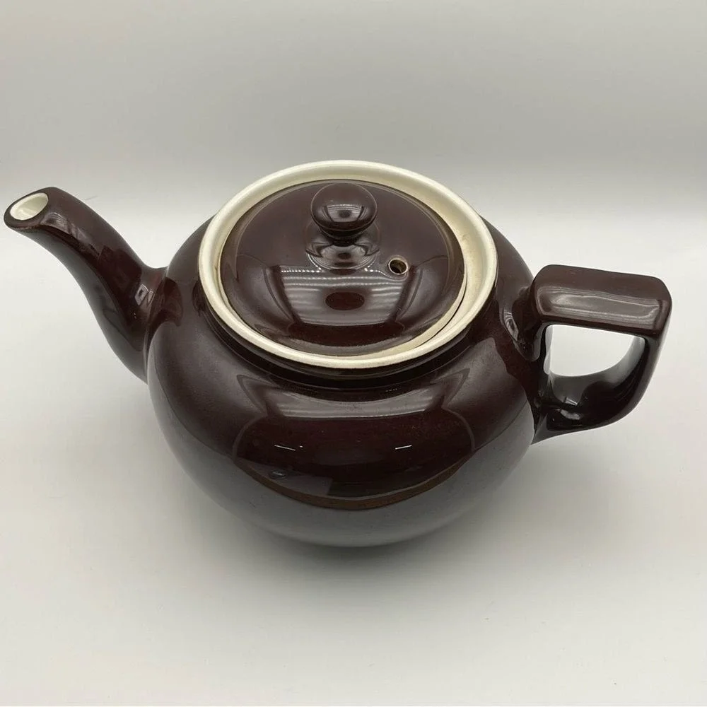 Vintage Hall China Brown‎ Teapot Ivory Interior USA Drip Glaze Vented Lid